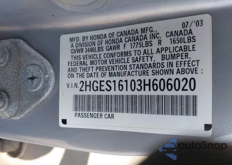 2003 Honda Civic Dx from USA, damaged, VIN 2HGES16103H606020